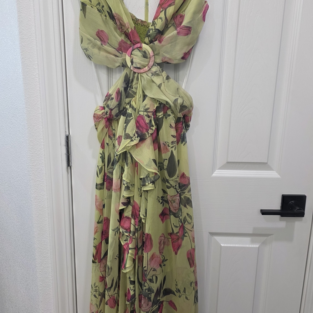 Vici Lime Green Floral Halter Maxi Dress with Waist Ring - Picture 2 of 4